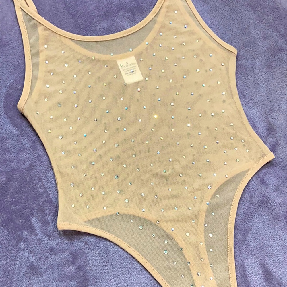 Sheer Nude Thong Bodysuit Size S w/ Rhinestones